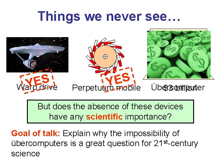 Things we never see… GOLDBACH CONJECTURE: TRUE NEXT QUESTION S E Y Warp drive