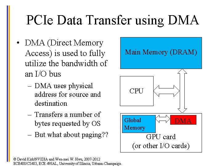 PCIe Data Transfer using DMA • DMA (Direct Memory Access) is used to fully