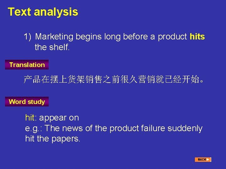 Text analysis 1) Marketing begins long before a product hits the shelf. Translation 产品在摆上货架销售之前很久营销就已经开始。