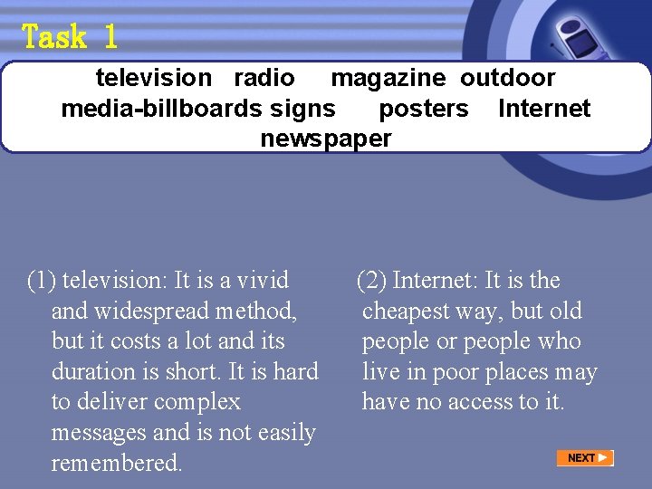 Task 1 television radio magazine outdoor media-billboards signs posters Internet newspaper (1) television: It