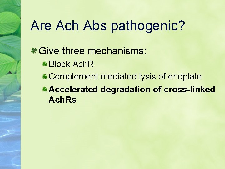 Are Ach Abs pathogenic? Give three mechanisms: Block Ach. R Complement mediated lysis of