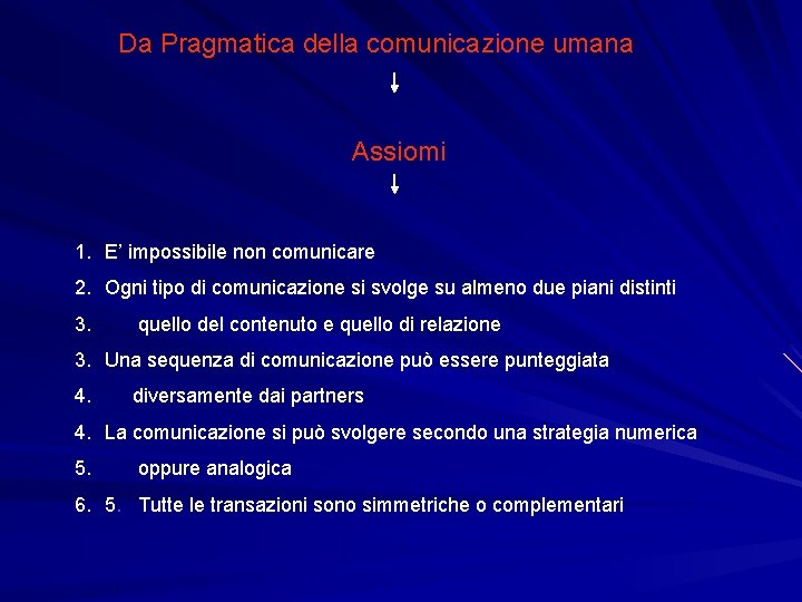 Da Pragmatica della comunicazione umana Assiomi 1. E’ impossibile non comunicare 2. Ogni tipo Da Pragmatica della comunicazione umana Assiomi 1. E’ impossibile non comunicare 2. Ogni tipo