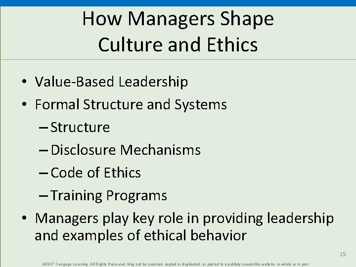 How Managers Shape Culture and Ethics • Value-Based Leadership • Formal Structure and Systems