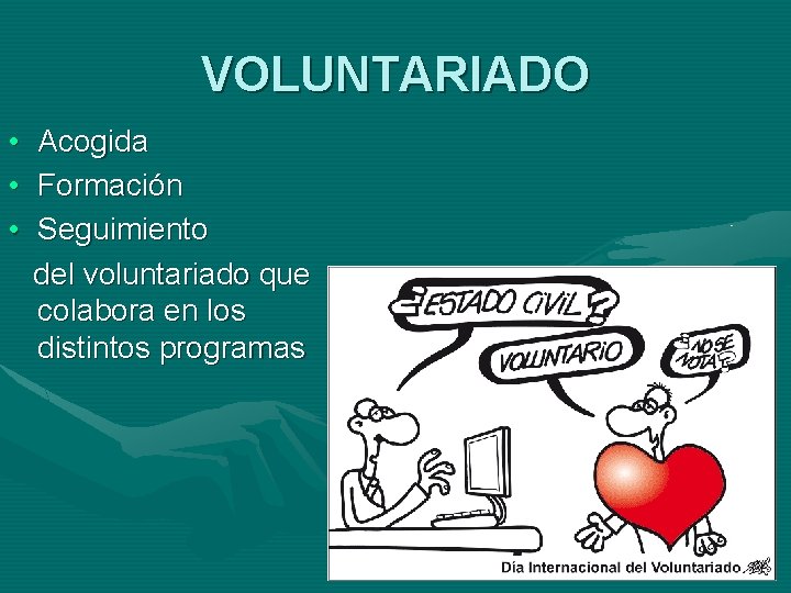 VOLUNTARIADO • Acogida • Formación • Seguimiento del voluntariado que colabora en los distintos