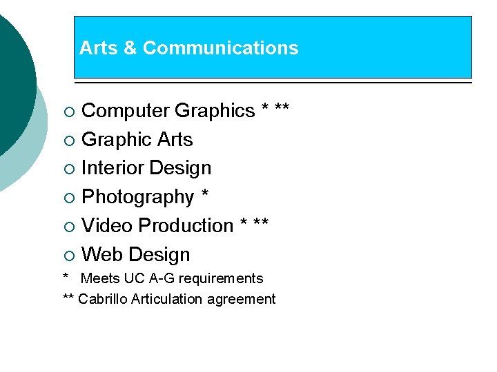 Arts & Communications Computer Graphics * ** ¡ Graphic Arts ¡ Interior Design ¡