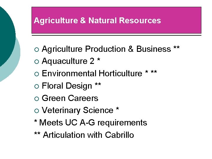 Agriculture & Natural Resources Agriculture Production & Business ** ¡ Aquaculture 2 * ¡