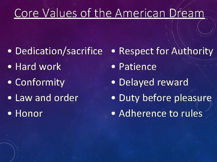 Core Values of the American Dream • Dedication/sacrifice • Hard work • Conformity •