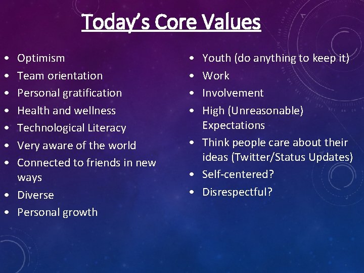 Today’s Core Values • • Optimism Team orientation Personal gratification Health and wellness Technological