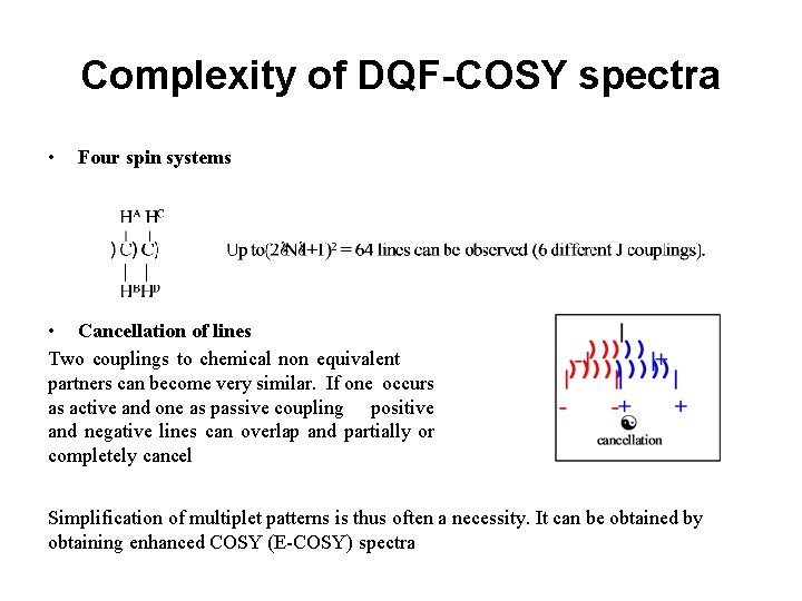 Complexity of DQF-COSY spectra • Four spin systems • Cancellation of lines Two couplings