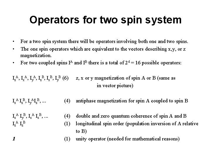 Operators for two spin system • • • For a two spin system there
