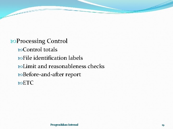  Processing Control totals File identification labels Limit and reasonableness checks Before-and-after report ETC