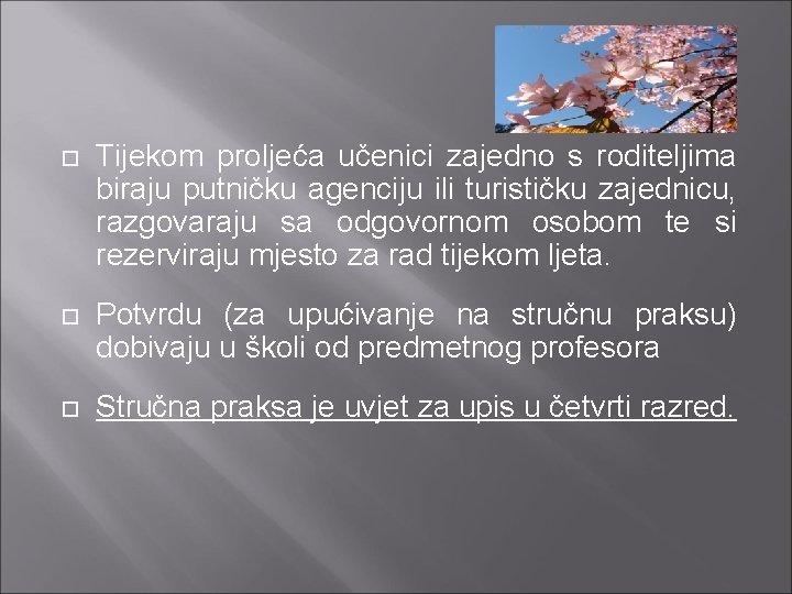  Tijekom proljeća učenici zajedno s roditeljima biraju putničku agenciju ili turističku zajednicu, razgovaraju