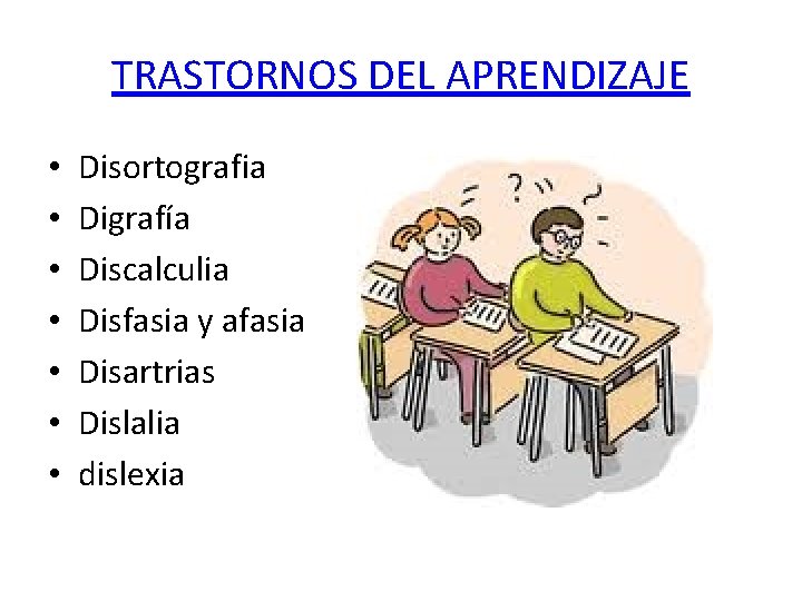 TRASTORNOS DEL APRENDIZAJE • Disortografia • • • Digrafía Discalculia Disfasia y afasia Disartrias