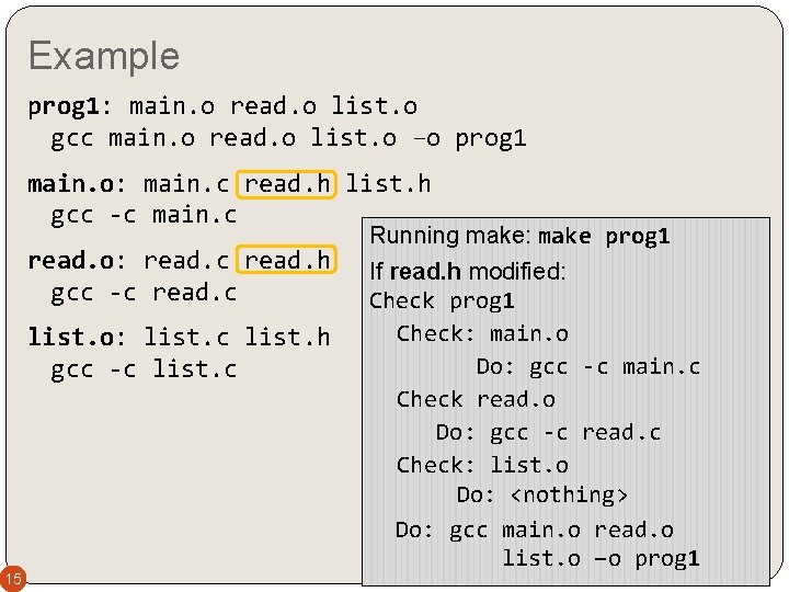 Example prog 1: main. o read. o list. o gcc main. o read. o