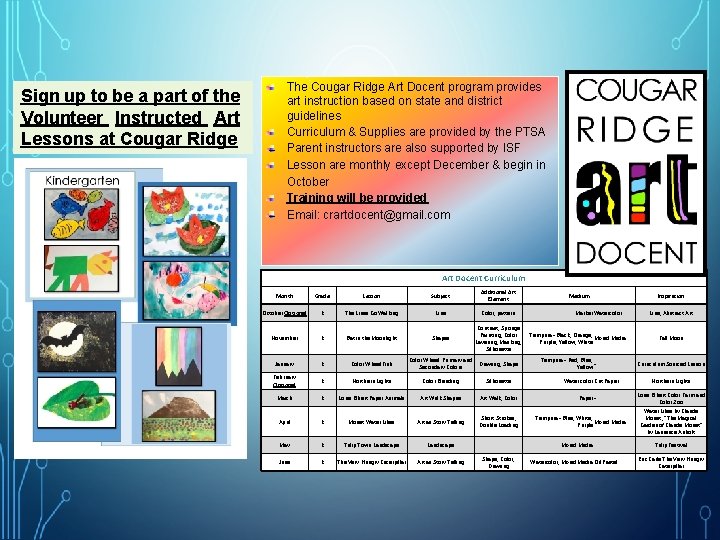 Sign up to be a part of the Volunteer Instructed Art Lessons at Cougar Sign up to be a part of the Volunteer Instructed Art Lessons at Cougar