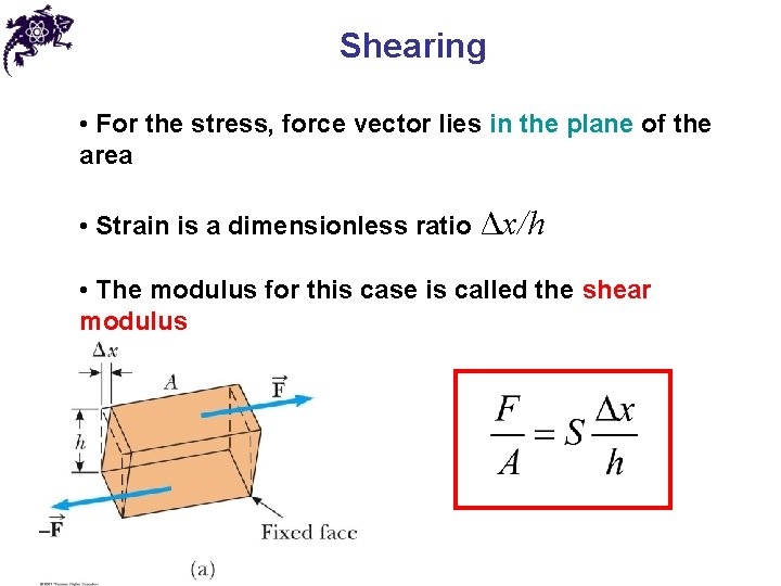 Shearing • For the stress, force vector lies in the plane of the area