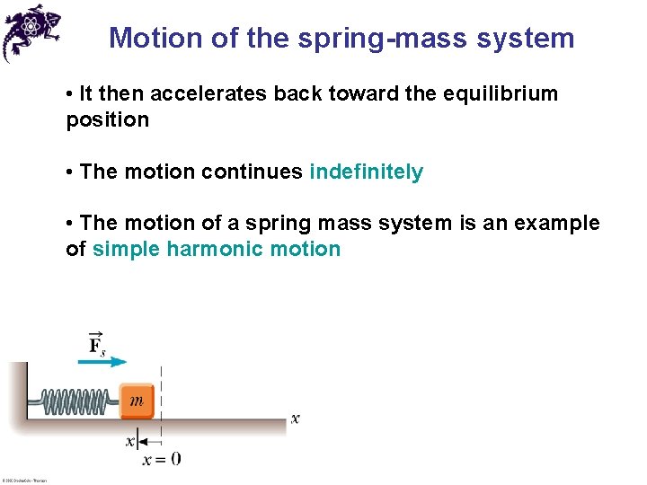 Motion of the spring-mass system • It then accelerates back toward the equilibrium position