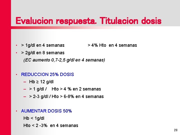 Evalucion respuesta. Titulacion dosis • > 1 g/dl en 4 semanas > 4% Hto