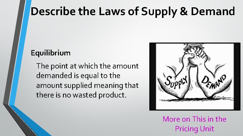 Describe the Laws of Supply & Demand Equilibrium The point at which the amount