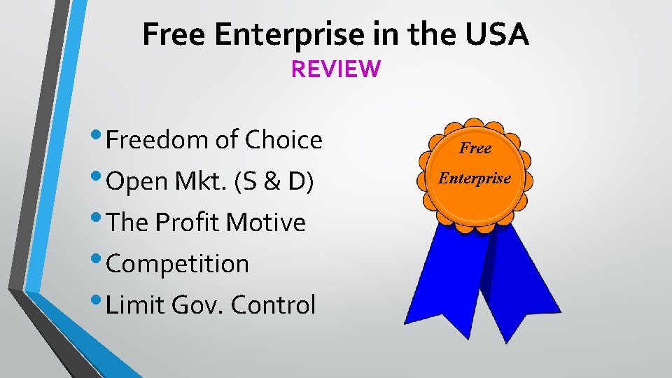 Free Enterprise in the USA REVIEW • Freedom of Choice • Open Mkt. (S