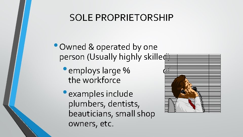 SOLE PROPRIETORSHIP • Owned & operated by one person (Usually highly skilled) • employs