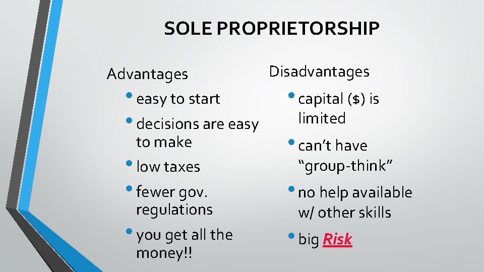 SOLE PROPRIETORSHIP Advantages • easy to start • decisions are easy to make •