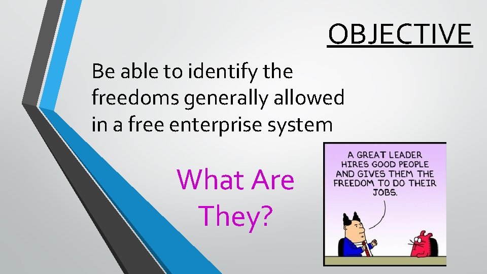 OBJECTIVE Be able to identify the freedoms generally allowed in a free enterprise system