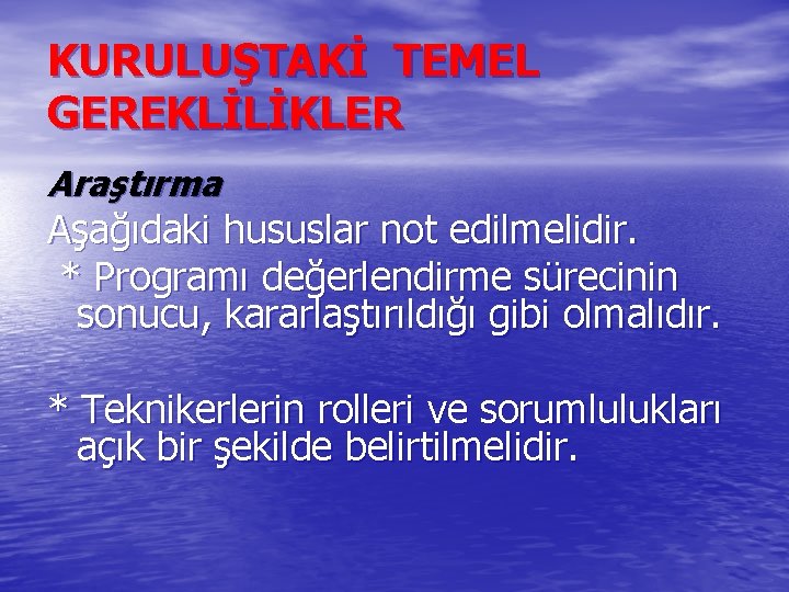 KURULUŞTAKİ TEMEL GEREKLİLİKLER Araştırma Aşağıdaki hususlar not edilmelidir. * Programı değerlendirme sürecinin sonucu, kararlaştırıldığı