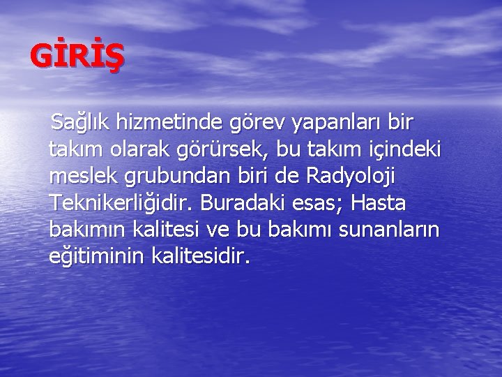 GİRİŞ Sağlık hizmetinde görev yapanları bir takım olarak görürsek, bu takım içindeki meslek grubundan