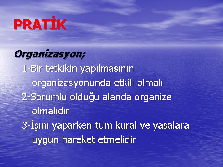 PRATİK Organizasyon; 1 -Bir tetkikin yapılmasının organizasyonunda etkili olmalı 2 -Sorumlu olduğu alanda organize