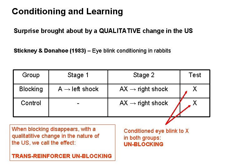 Conditioning and Learning Surprise brought about by a QUALITATIVE change in the US Stickney