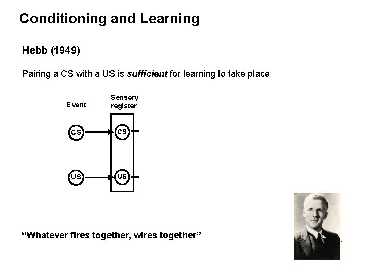 Conditioning and Learning Hebb (1949) Pairing a CS with a US is sufficient for