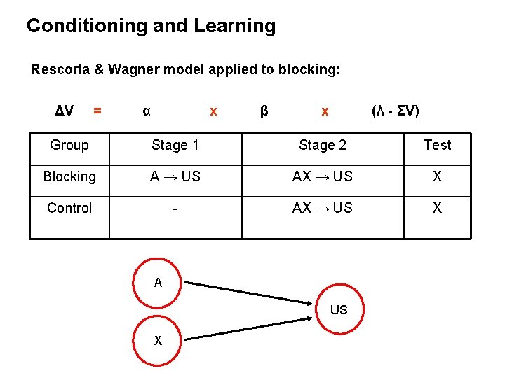 Conditioning and Learning Rescorla & Wagner model applied to blocking: ΔV = α x