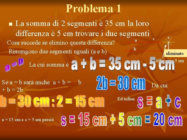 Problema 1 n La somma di 2 segmenti è 35 cm la loro differenza