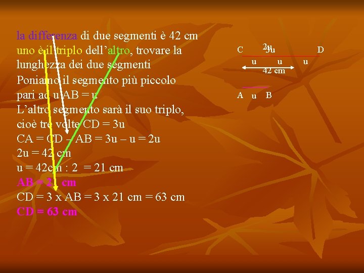 la differenza di due segmenti è 42 cm uno è il triplo dell’altro, trovare
