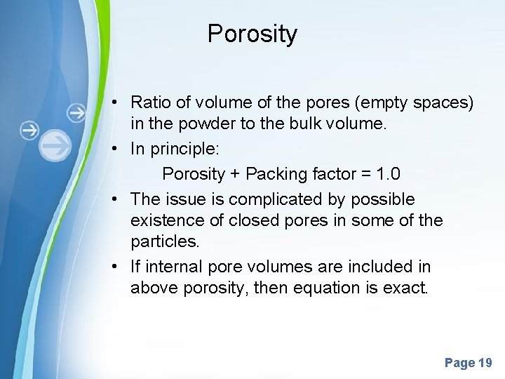 Porosity • Ratio of volume of the pores (empty spaces) in the powder to