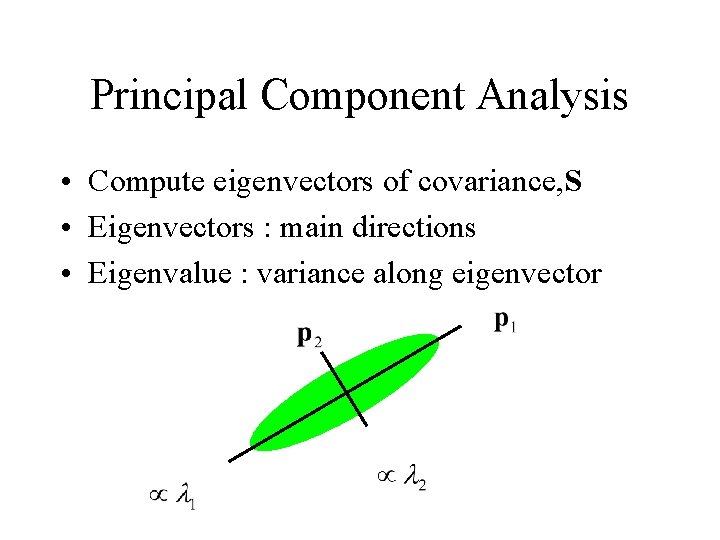 Principal Component Analysis • Compute eigenvectors of covariance, S • Eigenvectors : main directions