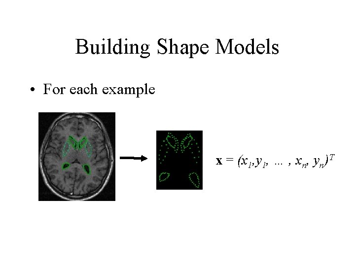 Building Shape Models • For each example x = (x 1, y 1, …