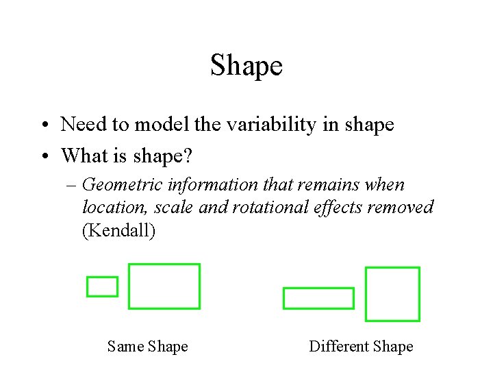 Shape • Need to model the variability in shape • What is shape? –