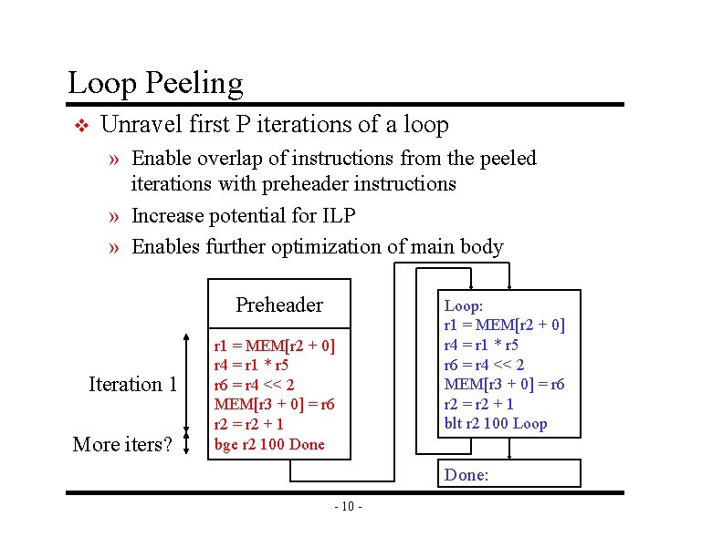 Loop Peeling v Unravel first P iterations of a loop » Enable overlap of