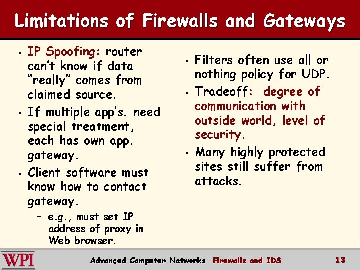 Limitations of Firewalls and Gateways § § § IP Spoofing: router can’t know if Limitations of Firewalls and Gateways § § § IP Spoofing: router can’t know if