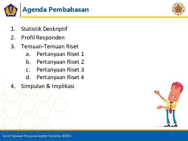 Agenda Pembahasan 1. Statistik Deskriptif 2. Profil Responden 3. Temuan-Temuan Riset a. Pertanyaan Riset