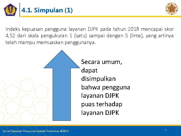 4. 1. Simpulan (1) Indeks kepuasan pengguna layanan DJPK pada tahun 2018 mencapai skor