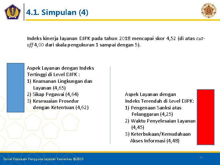 4. 1. Simpulan (4) Indeks kinerja layanan DJPK pada tahun 2018 mencapai skor 4,