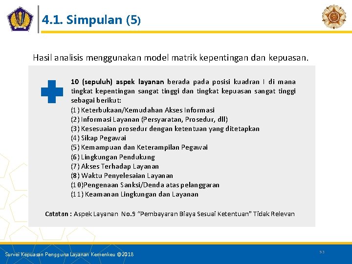 4. 1. Simpulan (5) Hasil analisis menggunakan model matrik kepentingan dan kepuasan. 10 (sepuluh)