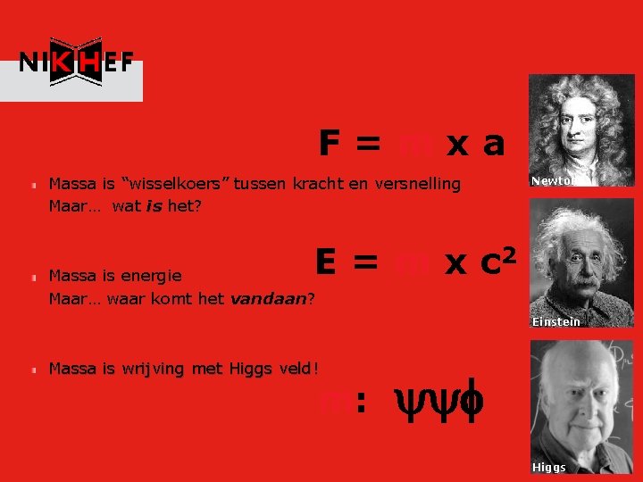 Massa? F=mxa Massa is “wisselkoers” tussen kracht en versnelling Maar… wat is het? Newton