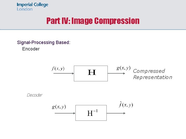 Part IV: Image Compression Signal-Processing Based: Encoder Compressed Representation Decoder 