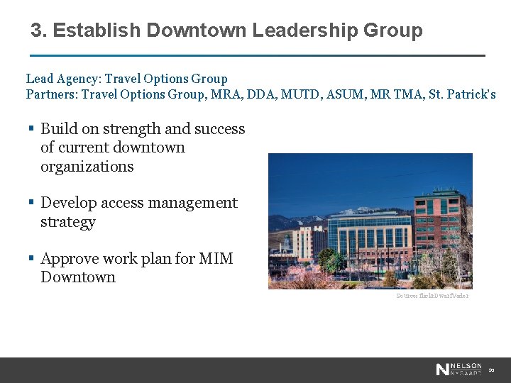 3. Establish Downtown Leadership Group Lead Agency: Travel Options Group Partners: Travel Options Group,