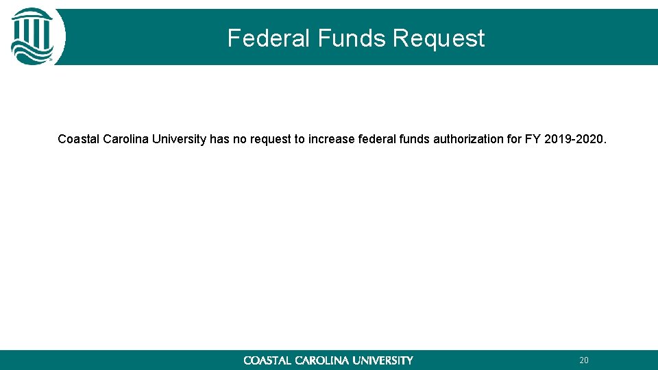 Federal Funds Request Coastal Carolina University has no request to increase federal funds authorization Federal Funds Request Coastal Carolina University has no request to increase federal funds authorization