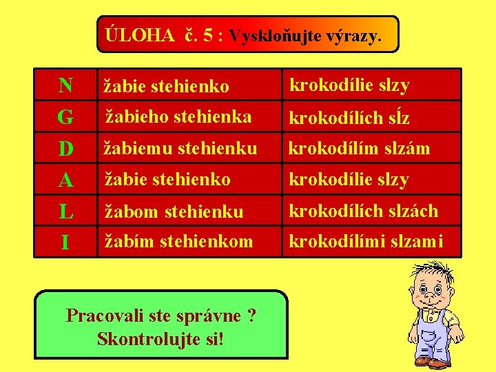 ÚLOHA č. 5 : Vyskloňujte výrazy. N G D A L I žabie stehienko